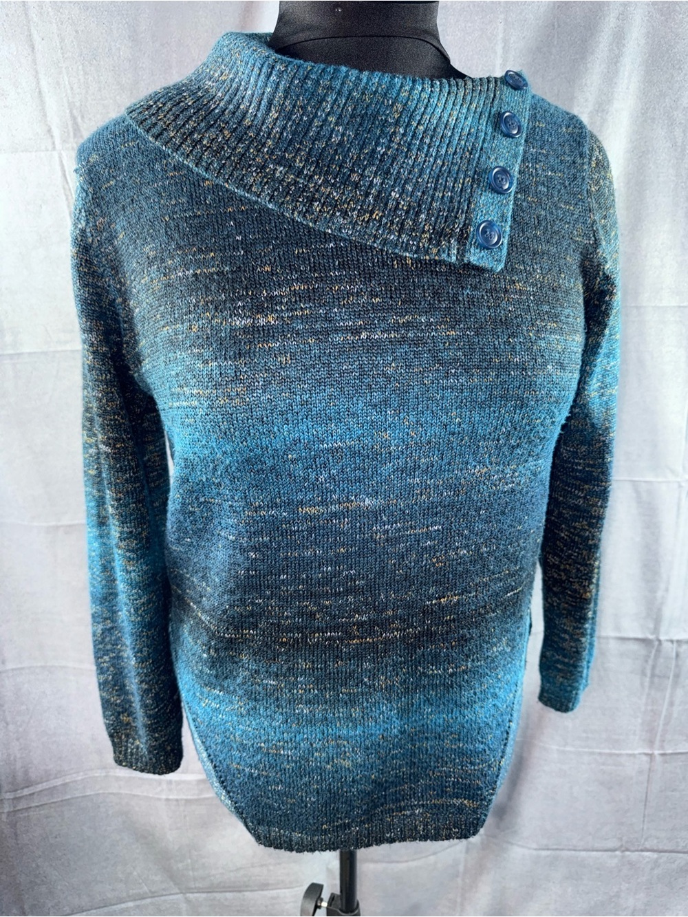 3040-Dress Barn Blue Marled Button-Shoulder Turtleneck Sweater